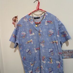 Blue Cartoon Print Scrub Top